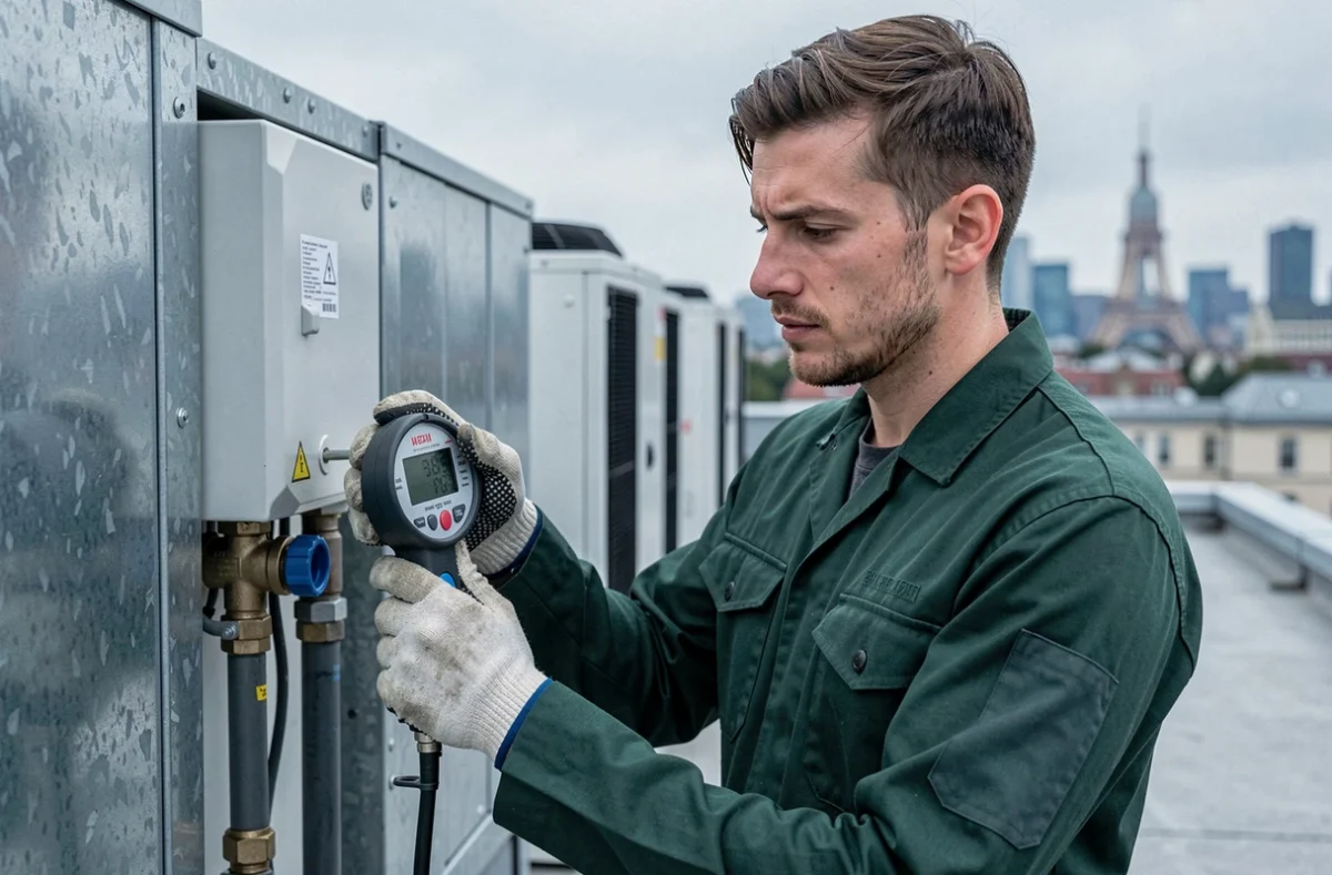 Technicien Ennebick diagnostiquant un problème de pression d'eau sur un toît d'immeuble
