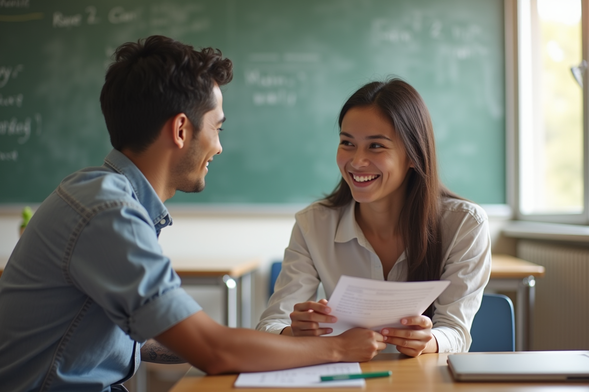 Enseignant et élève souriants échangeant un relevé de notes dans une classe lumineuse