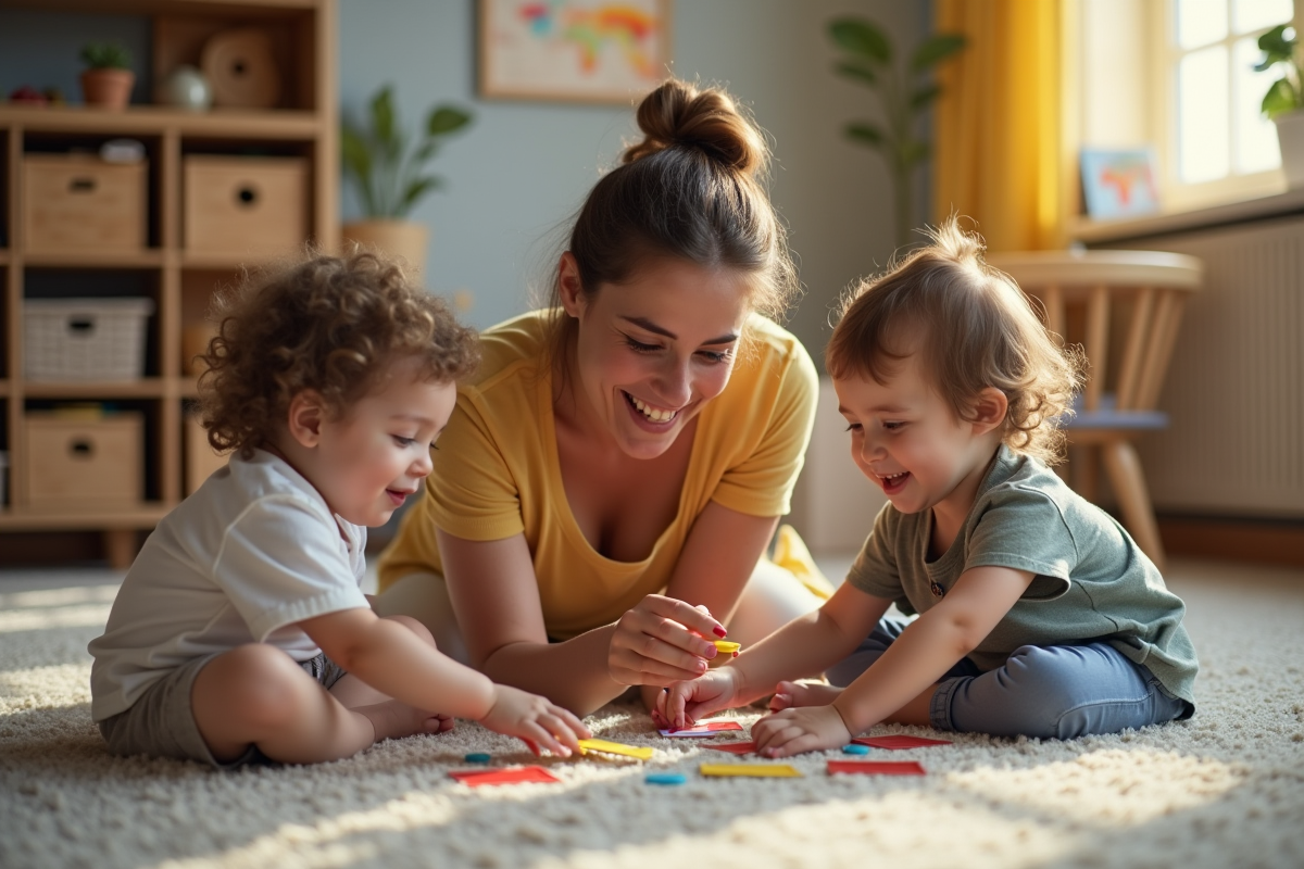 Assistante maternelle aidant deux tout-petits avec un jeu de cartes