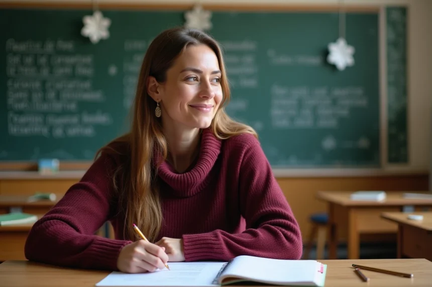 Enseignante préparant des fiches de poésie sur l'hiver pour sa classe en 2026