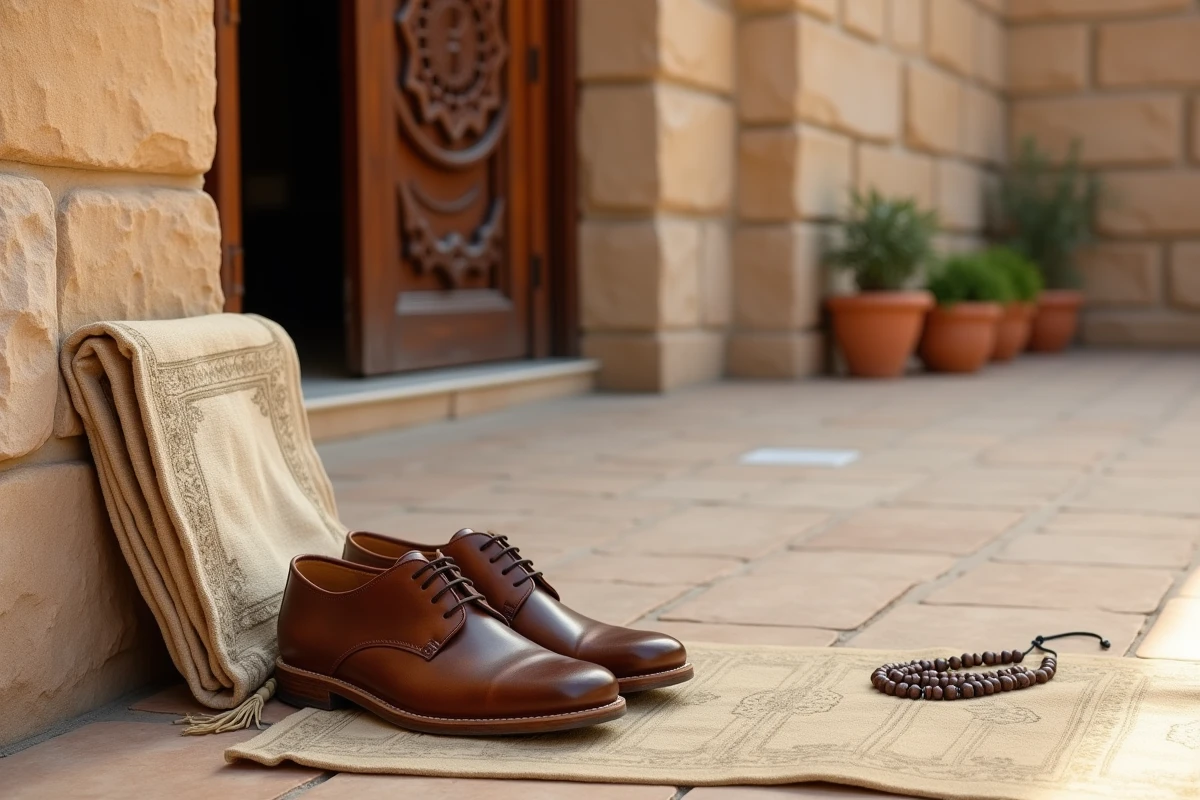 Chaussures et tapis de prière devant l'entrée d'une mosquée, symbolisant la préparation spirituelle avant la prière istikhara