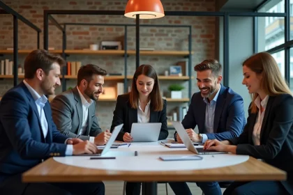 Groupe de professionnels en r&eacute;union dans un bureau moderne