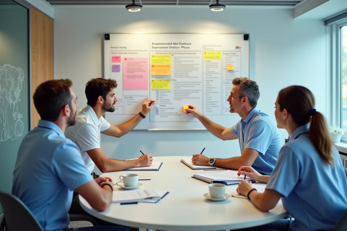 Équipe pluridisciplinaire d'un ESSMS travaillant ensemble sur un plan d'amélioration continue lors d'une réunion de préparation à l'évaluation