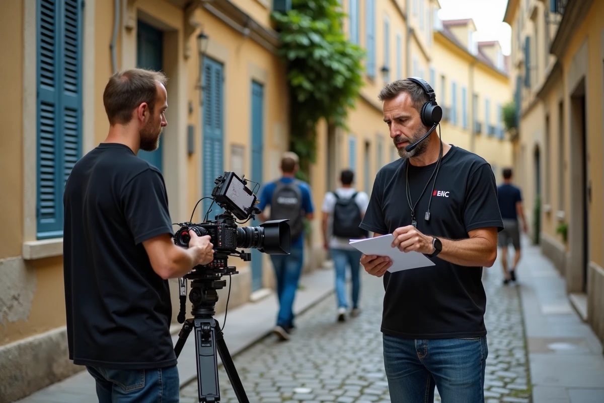 Équipe de tournage dans une rue pavée du sud de la France pour une série télévisée, avec décors de facades haussmanniennes aux volets bleus