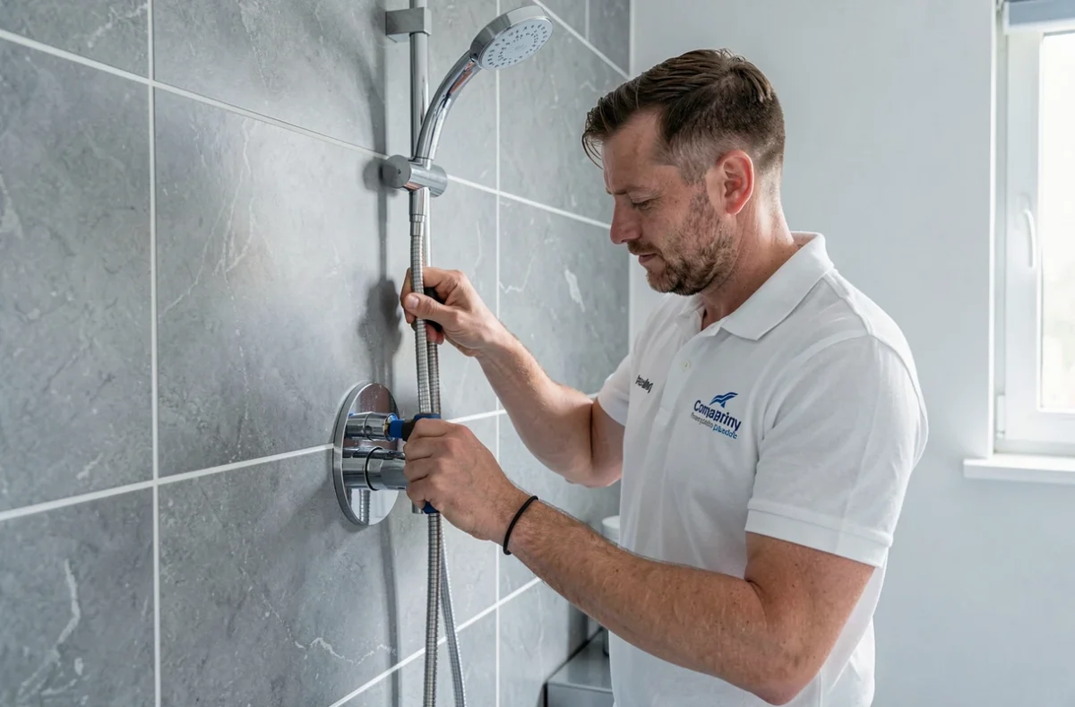 Plombier Établissement Victor installant une douche thermostatique dans une salle de bain rénovée