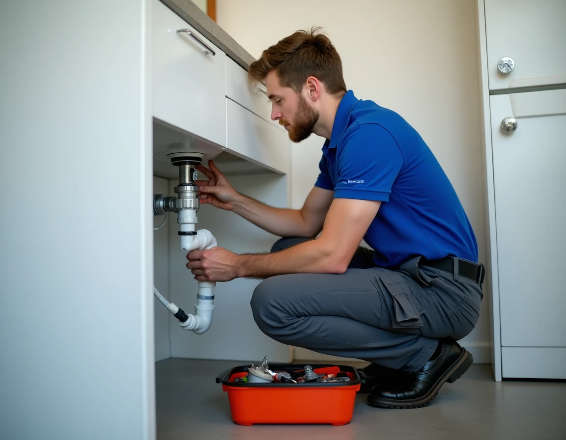 Plombier Maxime assemblant des tuyaux PVC sous un lavabo dans un appartement moderne
