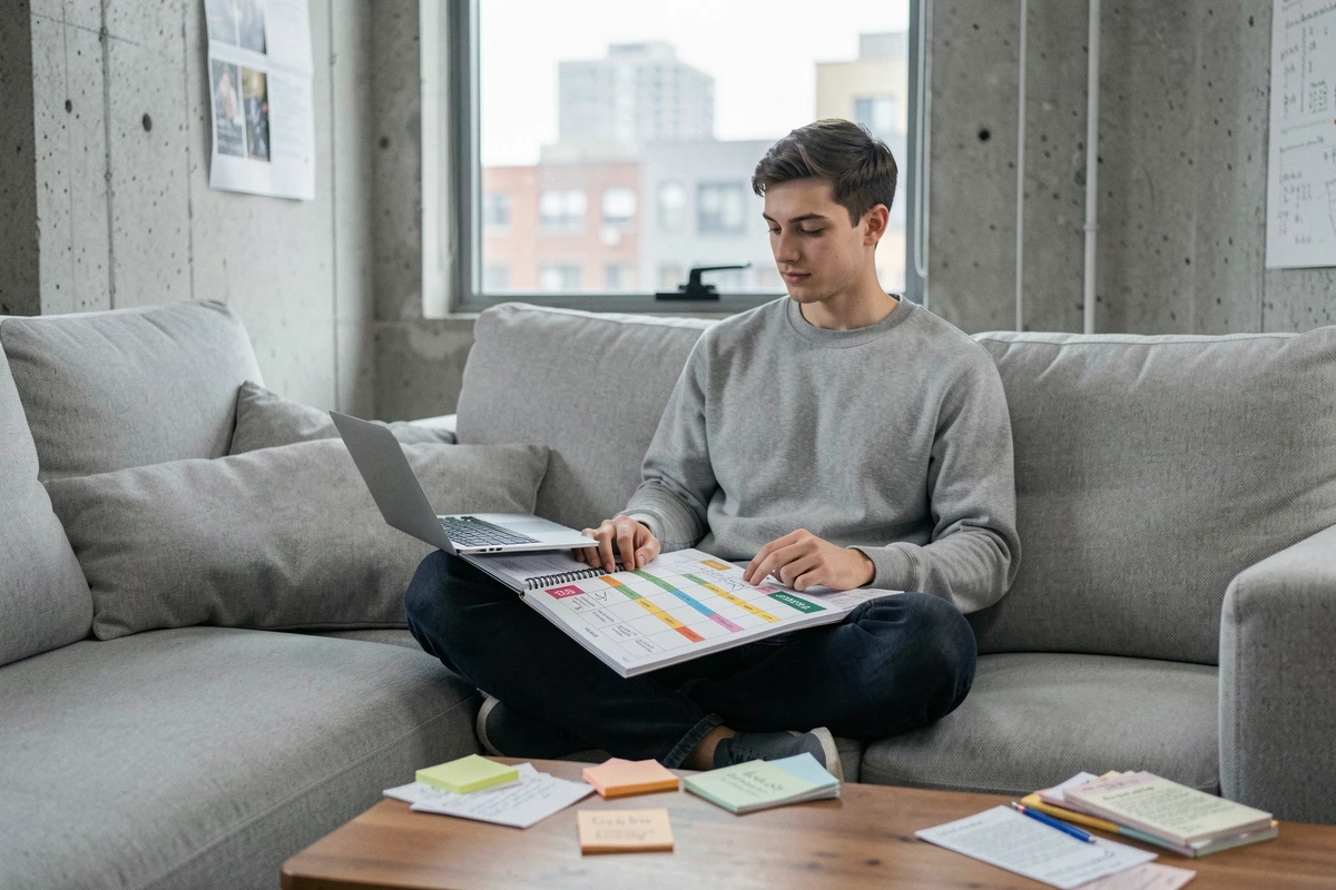 Étudiant consultant un planning de révisions 2026 imprimé sur un canapé avec un ordinateur portable et des fiches de cours