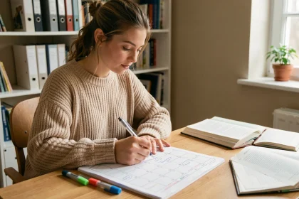 Étudiante annotant un planning mensuel imprimé sur un bureau en bois avec des surligneurs et des manuels ouverts