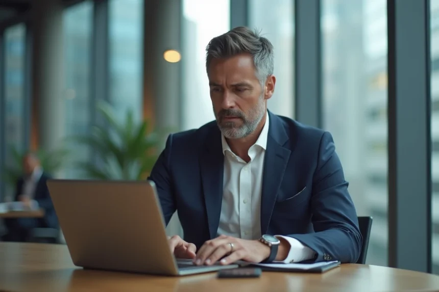 Homme d'affaires en costume lisant un blog sur son ordinateur