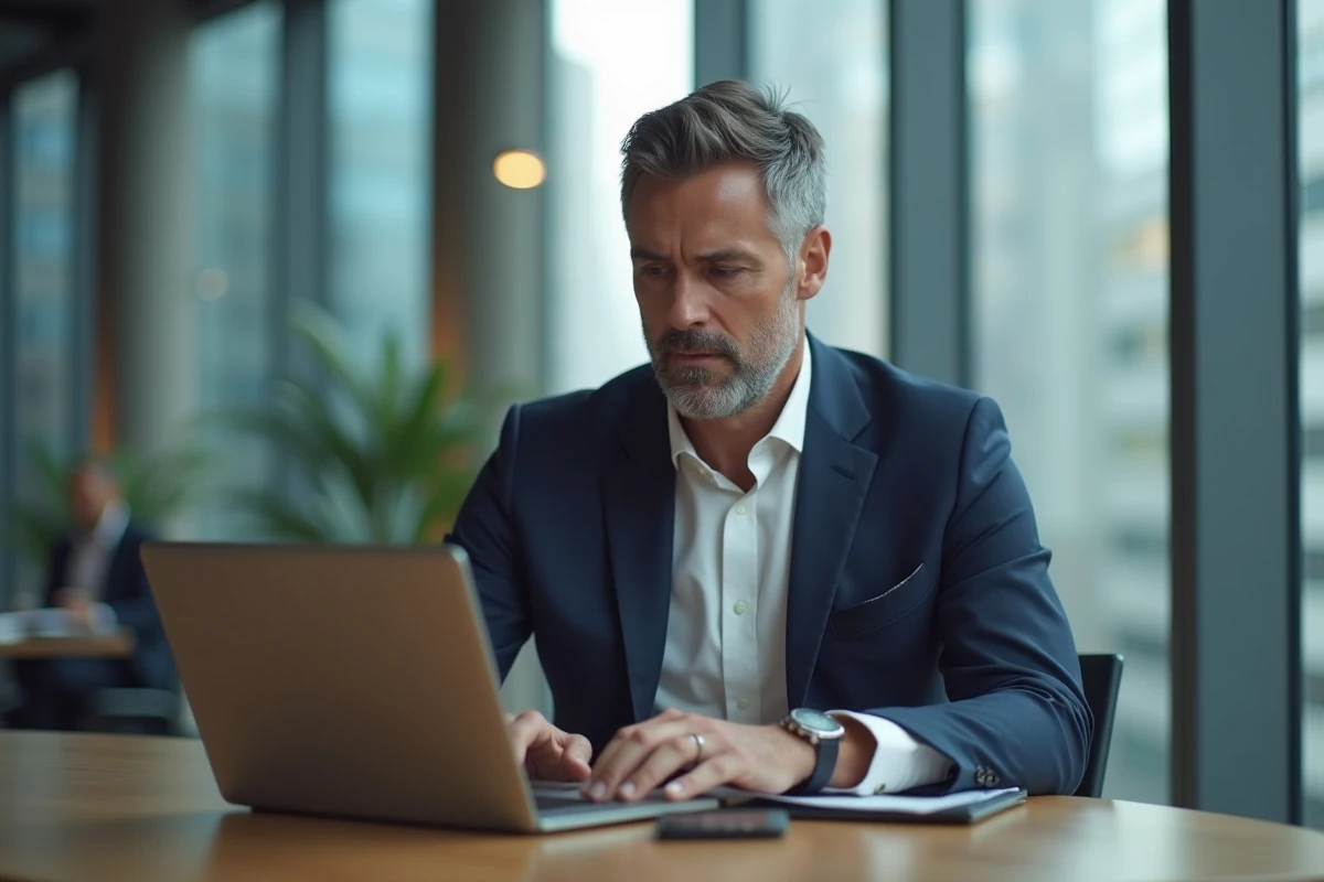 Homme d'affaires en costume lisant un blog sur son ordinateur