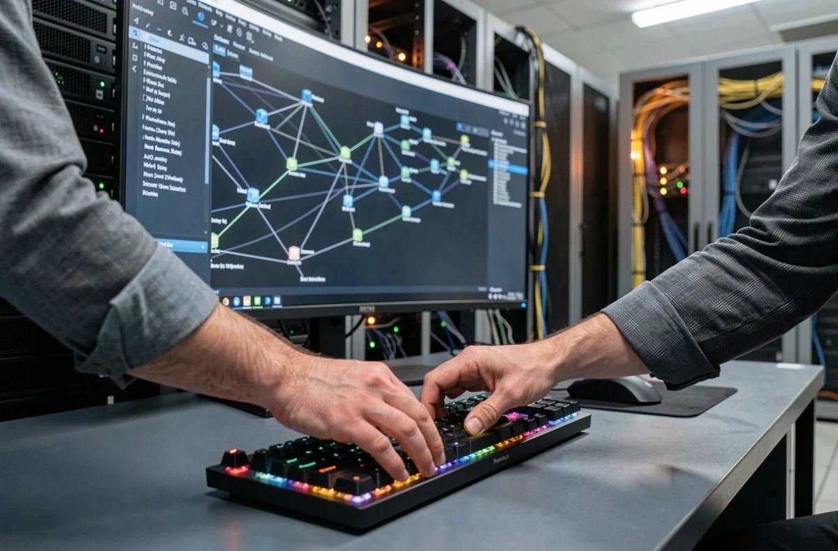 Mains d'un expert en cybersécurité gérant une infrastructure réseau dans une salle de serveurs professionnelle
