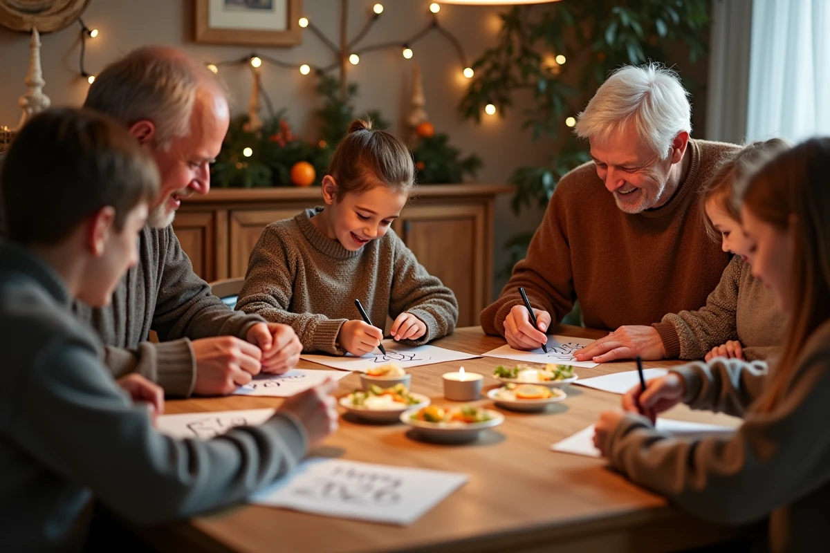 Famille multigénérationnelle créant des cartes Bonne Année 2026 faites maison ensemble autour d'une table