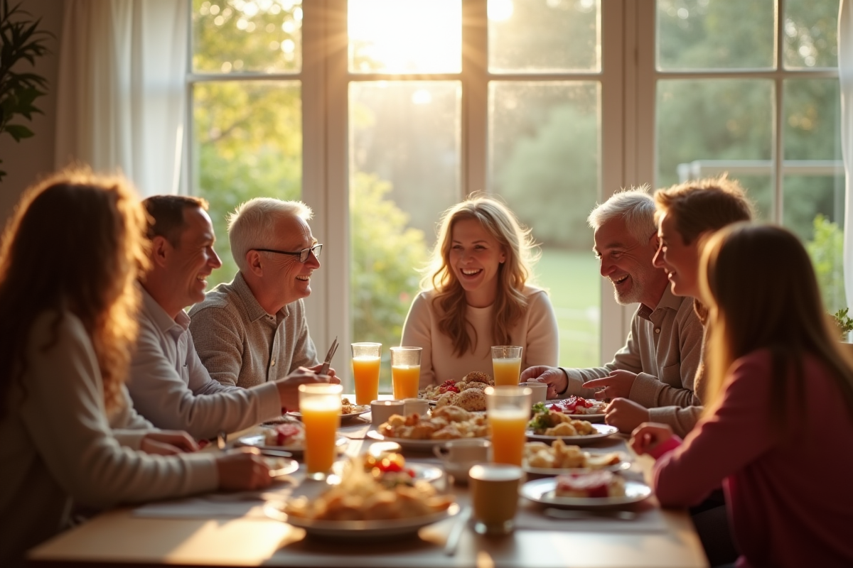 Famille multigenerational partageant un repas convivial dans une salle lumineuse