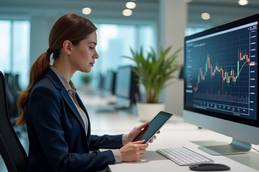 Jeune femme d'affaires à Paris utilisant une tablette et des graphiques financiers