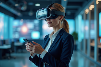 Femme d'affaires portant un casque VR dans un bureau moderne