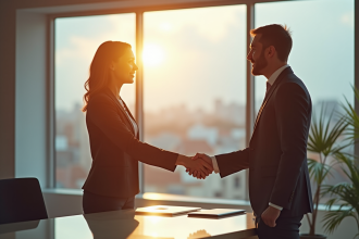 Femme d'affaires confiante serre la main d'un investisseur dans un bureau lumineux