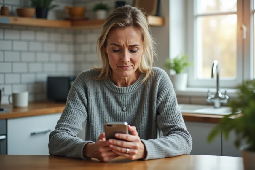 Femme agacée recevant un appel téléphonique indésirable en 02 70 dans sa cuisine