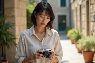 Femme tenant un appareil photo compact et regardant l'écran LCD sur une terrasse urbaine ensoleillée