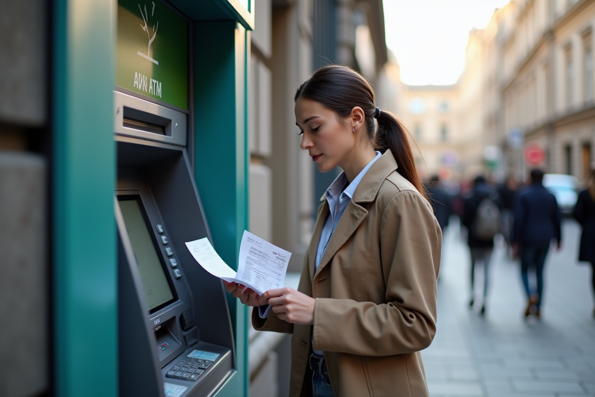 Jeune femme vérifie son relevé bancaire devant un ATM en ville