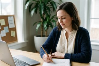 Femme concentrée travaillant à son bureau moderne