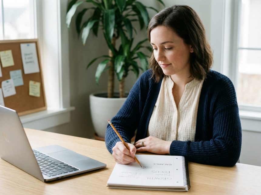 Femme concentrée travaillant à son bureau moderne