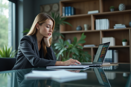 Femme d affaires concentrée sur un ordinateur avec code et lignes directrices