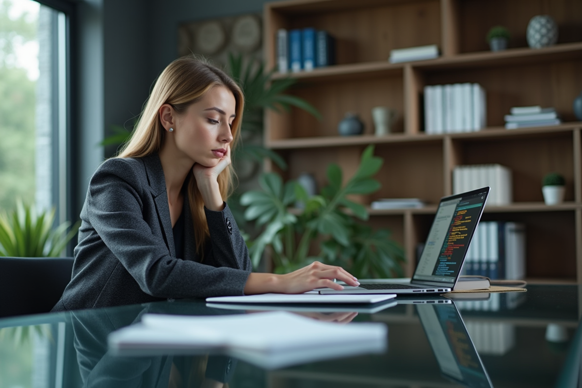 Femme d affaires concentrée sur un ordinateur avec code et lignes directrices