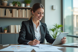 Femme en tenue professionnelle organise des papiers au bureau
