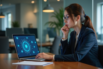 Femme professionnelle examine un réseau blockchain sur son ordinateur