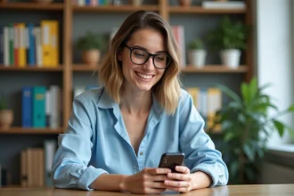 Femme assise au bureau souriante avec smartphone