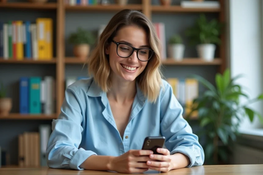 Femme assise au bureau souriante avec smartphone
