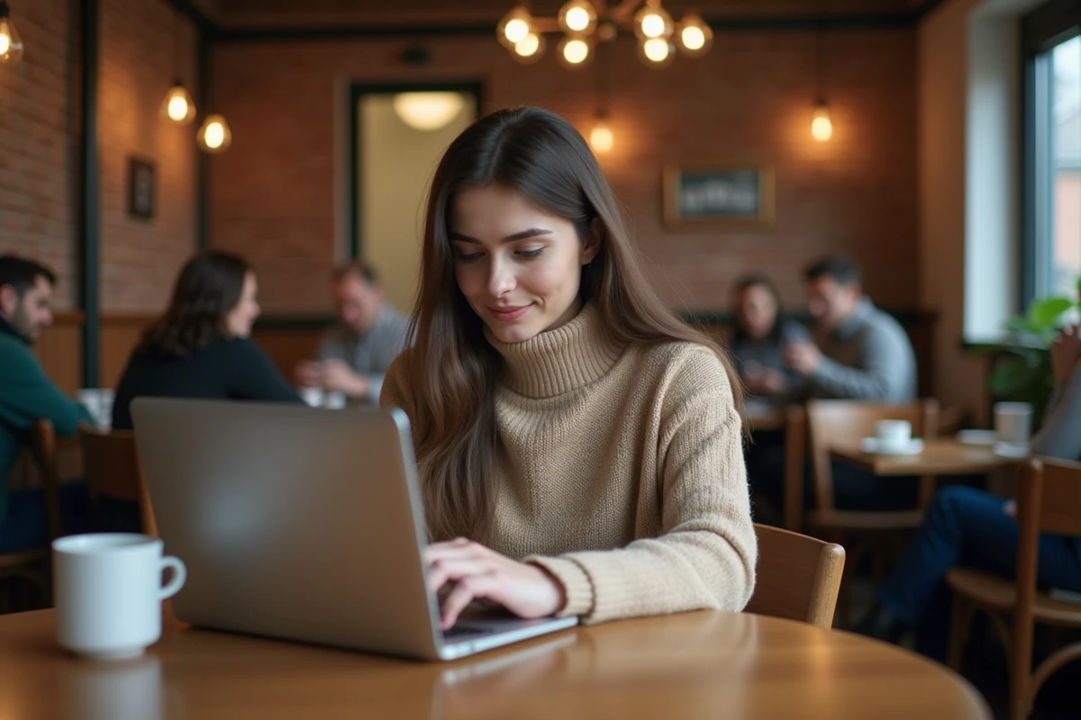 Femme dans un café configurant les paramètres DNS sur son ordinateur pour accéder à des sites restreints