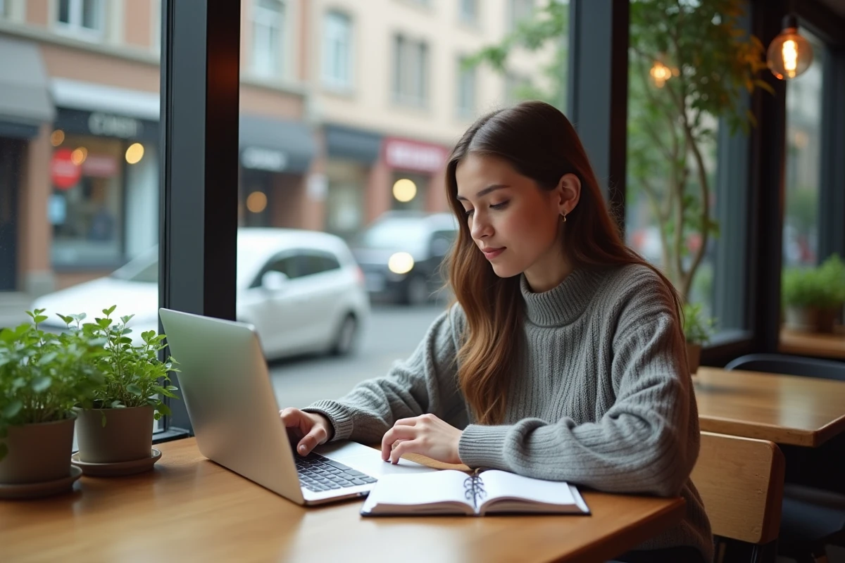 Jeune femme au café lisant une newsletter sur son ordinateur