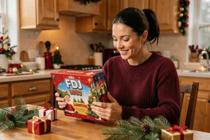 Femme tenant un calendrier de l'avent FDJ à table dans une cuisine décorée pour les fêtes