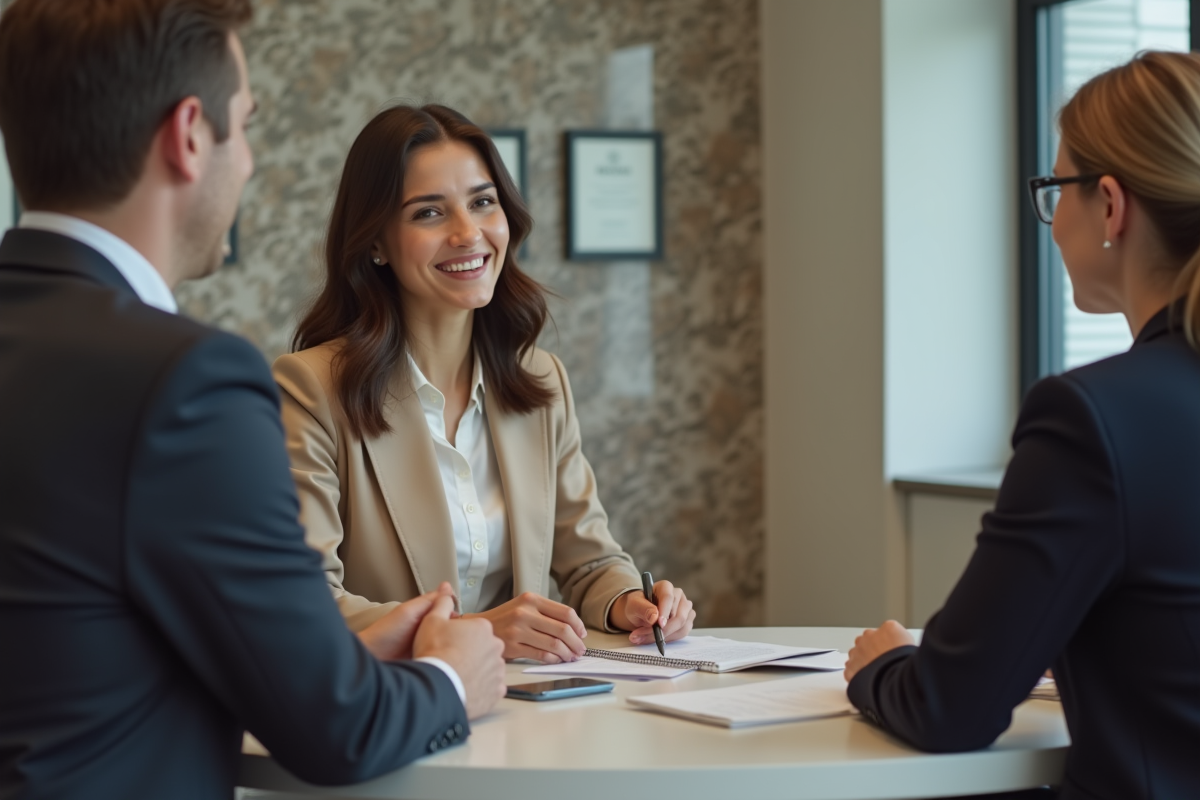 Femme souriante rencontrant un conseiller en banque