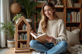 Femme créant un book nook dans un salon chaleureux