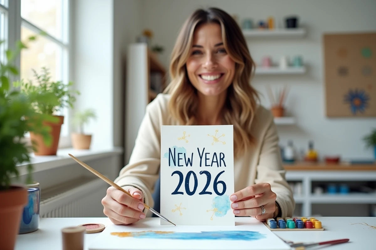 Femme créant une carte Bonne Année 2026 faite maison avec aquarelles et pinceau fin