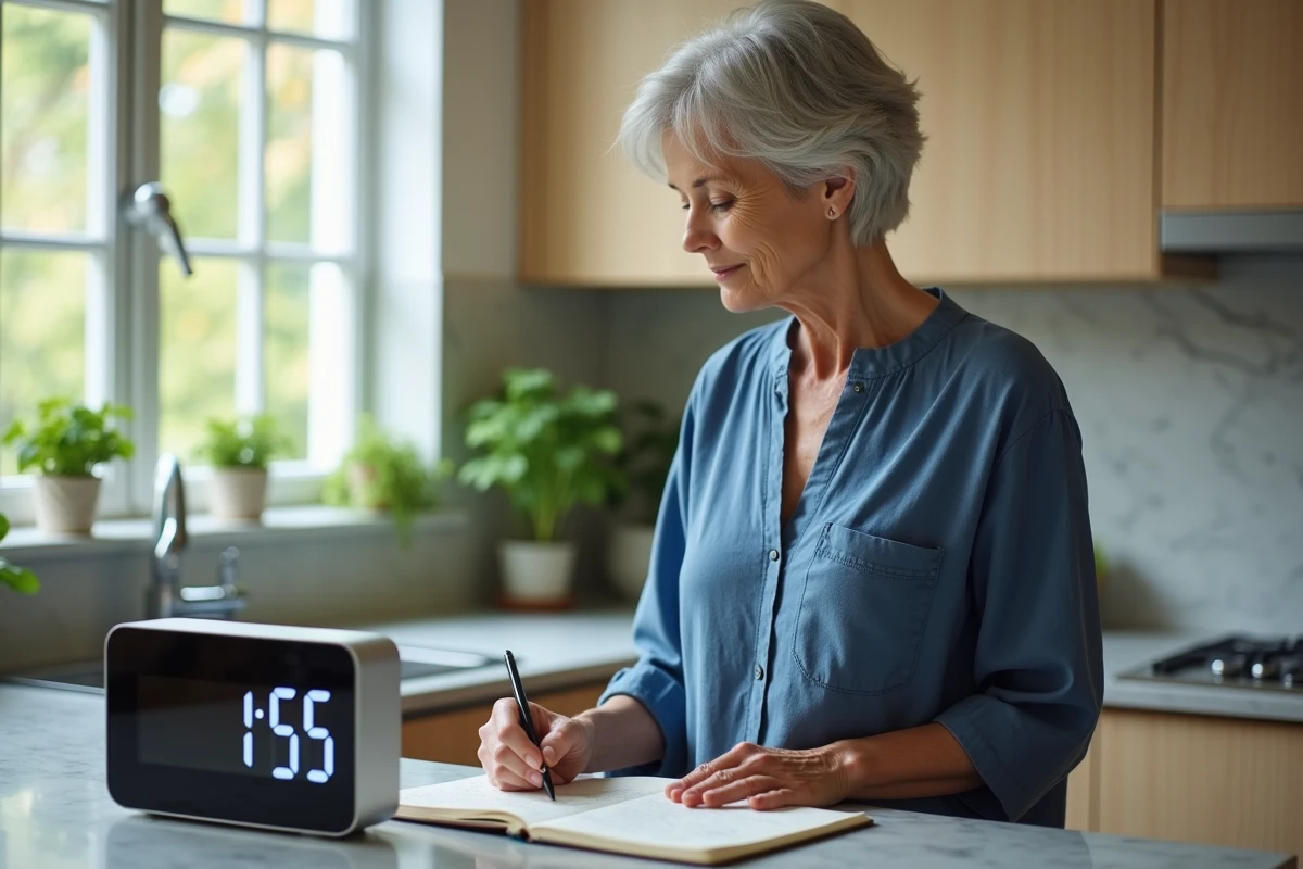 Femme aux cheveux argentés remarquant 15h55 sur l'horloge de sa cuisine en écrivant dans son journal, symbolisant la guidance angélique