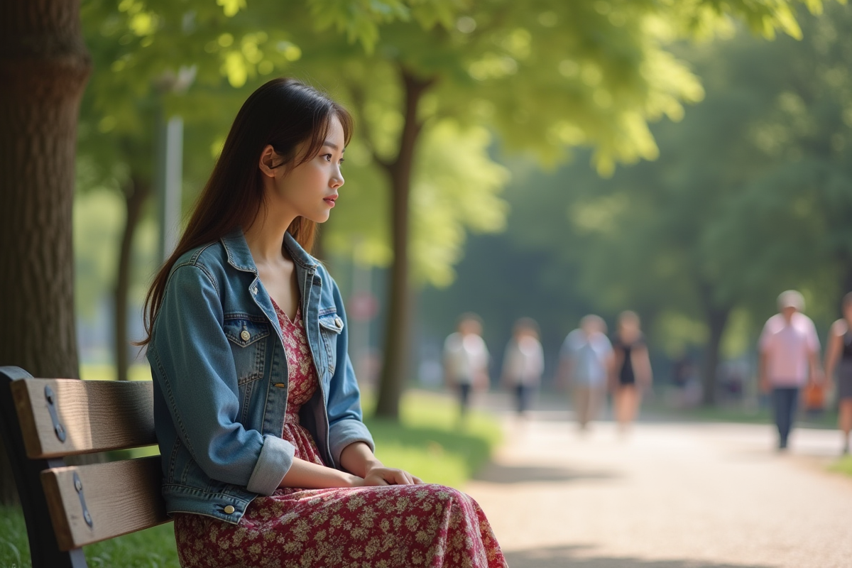 Jeune femme en robe fleurie assise dans un parc urbain ensoleille