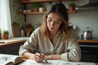 Femme dessinant un champignon à colorier fait main sur du papier cartonné à une table en bois