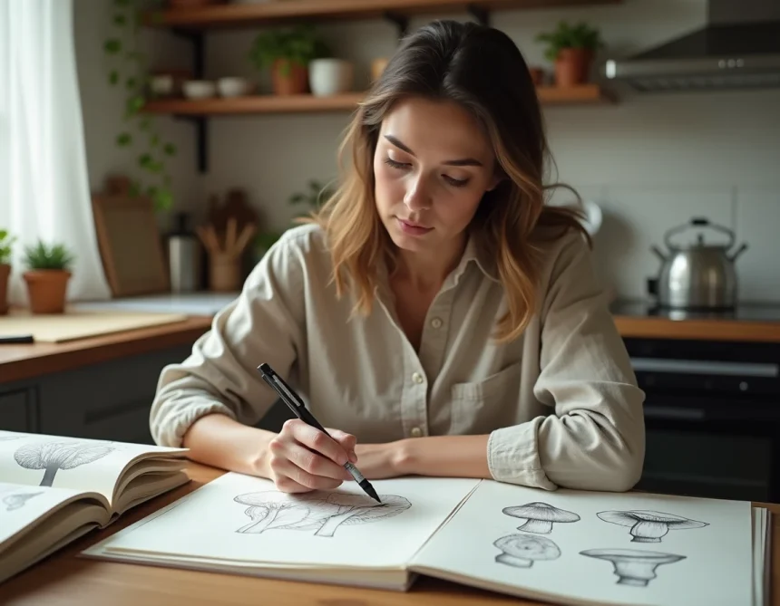 Femme dessinant un champignon à colorier fait main sur du papier cartonné à une table en bois