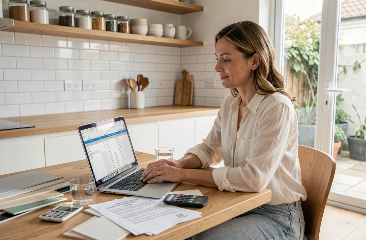Femme consultant un devis de rénovation avec calculatrice et feuille de calcul pour convertir des volumes en litres depuis des mètres cubes