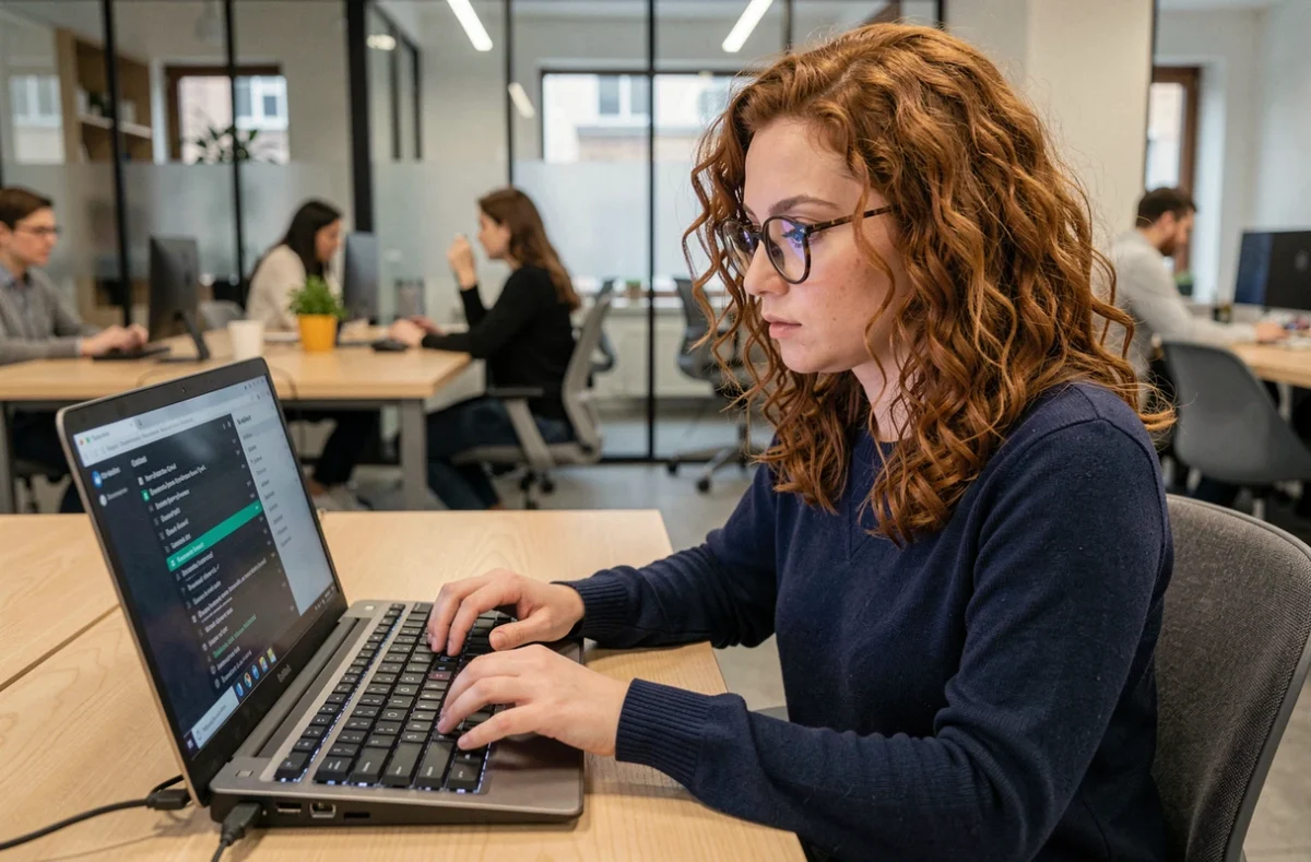 Jeune femme geek protégeant ses fichiers numériques sur un ordinateur portable dans un espace de coworking moderne