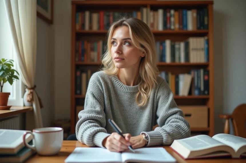 Femme consultant des livres de grammaire française à son bureau pour choisir la bonne orthographe