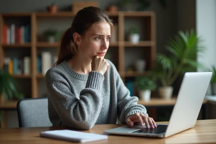 Femme hésitante devant son ordinateur portable consultant les avis d'une boutique en ligne suspecte
