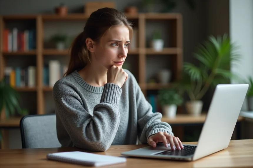 Femme hésitante devant son ordinateur portable consultant les avis d'une boutique en ligne suspecte