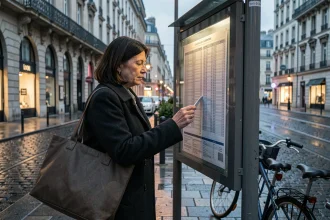 Femme consultant l'horaire bus Lyon à un arrêt de nuit dans une rue pavée du centre-ville