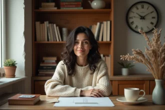 Femme regardant une horloge affichant 15h55 dans un bureau cosy, symbolisant la synchronicité des anges