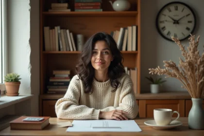 Femme regardant une horloge affichant 15h55 dans un bureau cosy, symbolisant la synchronicité des anges