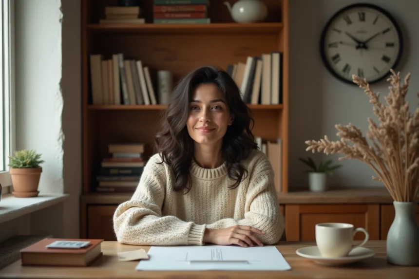 Femme regardant une horloge affichant 15h55 dans un bureau cosy, symbolisant la synchronicité des anges